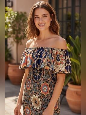 SHEIN Navy Multicolor Off-Shoulder Smocked Midi Skirt